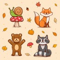 Hand drawn autumn animals set Vector illustration.