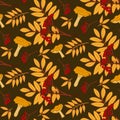 Hand drawn autumn ashberry and mushroom pattern