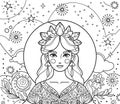 Hand drawn Autumn Fairy Girl Coloring Page. Black and white illustration with leaves, flower, star, clouds and sun, moon. Autumn