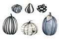 Hand drawn autumn festive halloween collection. Set of black and white pumpkin. Watercolor illustration