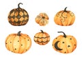 Hand drawn autumn festive halloween collection. Set of orange pumpkin. Watercolor illustration