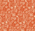 Hand drawn autumn floral seamless pattern background in vector with flowers, hearts, ladybug, leaves. Royalty Free Stock Photo