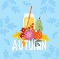 Hand drawn autumn party greeting card, invitation with cocktail drink in a glass jar. Apple, pear fruit and berries and Royalty Free Stock Photo