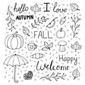 Hand drawn autumn pattern set outline. white background. Vector illustration. Elements of design. Royalty Free Stock Photo