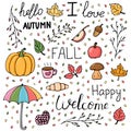 Hand drawn autumn pattern set. white background. Vector illustration. Elements of design. Royalty Free Stock Photo