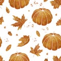 Hand drawn autumn seamless pattern. Pumpkins and autumn leaves pattern