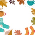 Hand drawn Autumn seasons holiday Hugge doodle icons with leaves, cup of tea, cocoa, chocolate, marshmallow, warm socks
