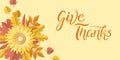 Hand drawn autumn typography poster with colorful leaves in paper art style. Vector illustration Give Thanks text for