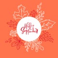 Hand drawn autumn typography poster. White monoline leaves with calligraphic text Hello September in flat doodle style Royalty Free Stock Photo