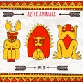 Hand drawn aztec fantastic animals in red and yellow colors