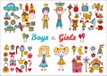 Hand drawn baby boy and girl toys set. Doodle children drawing. Royalty Free Stock Photo