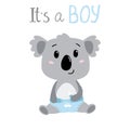 hand drawn baby boy koala in diapers. with text it's a boy. Vector Royalty Free Stock Photo