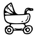 Hand drawn baby carriage doodle. Sketch children`s toy icon. Decoration element. Isolated on black background. Vector illustratio Royalty Free Stock Photo
