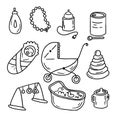 Hand drawn baby and newborn set in doodle style. Baby girl and boy toy, food, milk bottle, bathtub elements in sketch Royalty Free Stock Photo