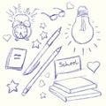 Hand drawn back to school. Alarm Clock, glasses, light, diary, pen, pencil, book, heart, star.