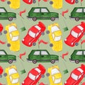 Hand drawn Watercolor Boys Car Collection Green Ren Yellow Seamless Pattern