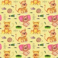 Hand drawn Watercolor Lazy Cats Seamless Pattern for card making, paper, textile and printing