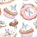 Hand drawn background. Watercolor seamless pattern with sweet rabbits, birthday cake, cupcake and donut.