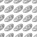 Hand Drawn bacon and eggs doodle. Sketch style icon. Seamless pattern. Isolated on white background. Flat design. Vector Royalty Free Stock Photo