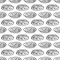 Hand Drawn bacon and eggs doodle. Sketch style icon. Seamless pattern. Isolated on white background. Flat design. Vector Royalty Free Stock Photo