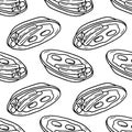 Hand Drawn bacon and eggs doodle. Sketch style icon. Seamless pattern. Isolated on white background. Flat design. Vector Royalty Free Stock Photo