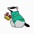 Hand drawn badger with bells. Vector illustration