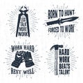 Hand drawn badges set with pincers, hunting knife, working gloves, and hammer illustrations. Royalty Free Stock Photo