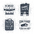 Hand drawn badges set with saw, logging truck, matches, and jerrycan illustrations. Royalty Free Stock Photo