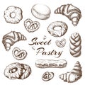 Hand drawn baked products on white background. pastry illustration. pastry sketch for cafe or bakery menu design in vintage Royalty Free Stock Photo