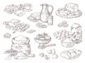 Hand drawn bakery goods. Butter milk eggs and flour culinary ingredients, butter and bread sandwiches. Vector isolated