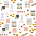 Hand drawn bakery and making home bread seamless pattern. Cartoon hand drawn doodles. Ingredients, dishes for baking homemade