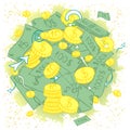 Hand Drawn Banknotes and Coins. Doodle Drawings of Cash Arranged in a Circle.
