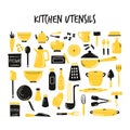 Hand drawn banner, background with cooking utensils, amenities. Vector illustration with different kitchenware