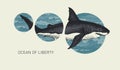 Banner with big hand-drawn shark and sea waves Royalty Free Stock Photo