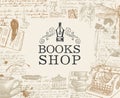 Hand-drawn banner for books shop in retro style