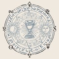 Hand-drawn banner with grail and esoteric symbols