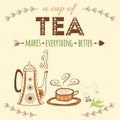 Hand drawn banner with hand lettering. Tea it's like a hug in a cup. Vector tea quote.