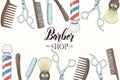 Hand drawn Barber Shop background  with colored razor, scissors, shaving brush,  comb, classic barber shop Pole. Sketch. Lettering Royalty Free Stock Photo