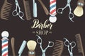 Hand drawn Barber Shop background  with colored razor, scissors, shaving brush,  comb, classic barber shop Pole. Sketch. Lettering Royalty Free Stock Photo