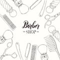 Hand drawn Barber Shop background  with doodle razor, scissors, shaving brush,  comb, classic barber shop Pole. Sketch. Lettering Royalty Free Stock Photo