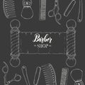 Hand drawn Barber Shop background  with doodle razor, scissors, shaving brush,  comb, classic barber shop Pole. Sketch. Lettering Royalty Free Stock Photo