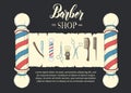 Hand drawn Barber Shop poster with  razor, scissors, shaving brush, comb, classic barber shop Pole in sketch style on black. Royalty Free Stock Photo