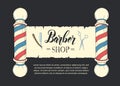 Hand drawn Barber Shop poster with  razor, scissors, shaving brush, comb, classic barber shop Pole in sketch style on black. Royalty Free Stock Photo