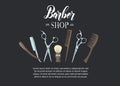 Hand drawn Barber Shop poster with  razor, scissors, shaving brush, comb, classic barber shop Pole in sketch style on black. Royalty Free Stock Photo