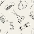 Hand drawn barbershop seamless with accessories comb, razor, shaving brush, scissors, barber s pole and bottle spray Royalty Free Stock Photo