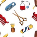 Hand drawn barbershop seamless with accessories comb, razor, shaving brush, scissors, barber s pole and bottle spray Royalty Free Stock Photo