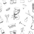 Hand drawn barbershop seamless pattern with accessories comb, razor, shaving brush, scissors, hairdryer, barber s pole Royalty Free Stock Photo