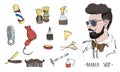 Hand drawn barbershop set. Collection accessories: comb, razor, shaving brush, scissors, hairdryer, barber`s pole and