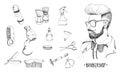 Hand drawn barbershop set. Collection accessories: comb, razor, shaving brush, scissors, hairdryer, barber`s pole and