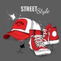 Hand drawn baseball cap and sneakers. Vector illustration